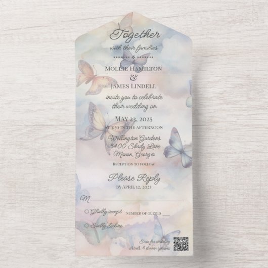 Invitation Tout En Un Papillons pastel aquarelle avec code QR (À l'intérieur)