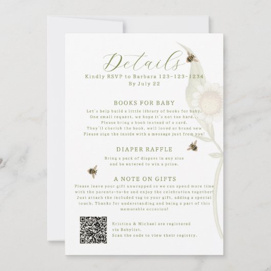 Invitation Tout en un Parents à Bee QR Code Baby shower (Dos)