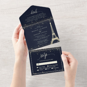Invitation Tout En Un Paris Tour Eiffel Navy Or Gold Sparkle Mariage Tou
