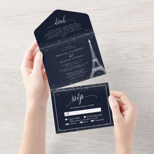 Invitation Tout En Un Paris Tour Eiffel Parties scintillant Argent Maria (Déchirure)