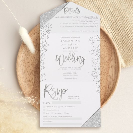 Invitation Tout En Un Parties scintillant argent chic confetti blanc mar