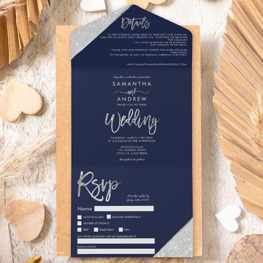 Invitation Tout En Un Parties scintillant argent chic typographie marine