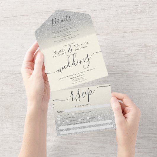 Invitation Tout En Un Parties scintillant argent ombre script ivoire mar (Déchirure)