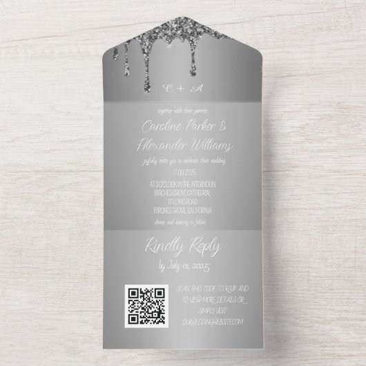 Invitation Tout En Un Parties scintillant argentée Gris Script RSVP QR C (À l'intérieur)