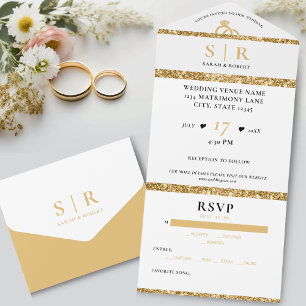 Invitation Tout En Un Parties scintillant blanche et or mariage élégant