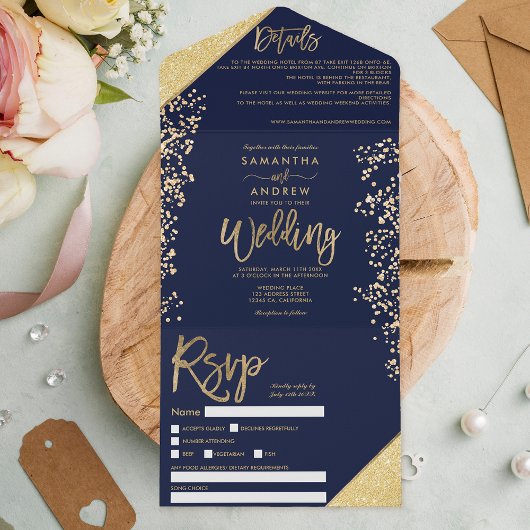 Invitation Tout En Un Parties scintillant d'or chic confetti bleu marine