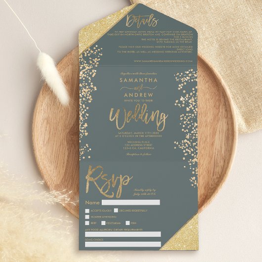 Invitation Tout En Un Parties scintillant d'or chic confetti sauge maria