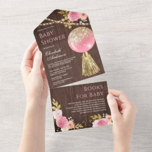 Invitation Tout En Un Parties scintillant d'or rose Balloon Baby shower