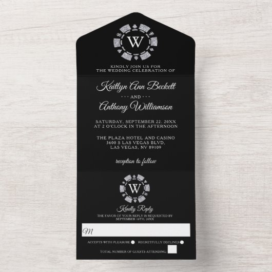 Invitation Tout En Un Parties scintillant en argent Monogram Poker Chip  (À l'intérieur)