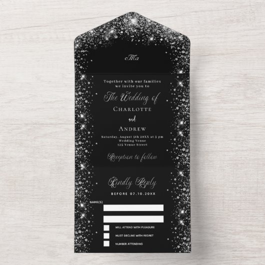 Invitation Tout En Un Parties scintillant en argent noir mariage (À l'intérieur)