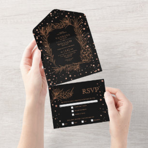 Invitation Tout En Un Parties scintillant en cuivre, confetti noir maria