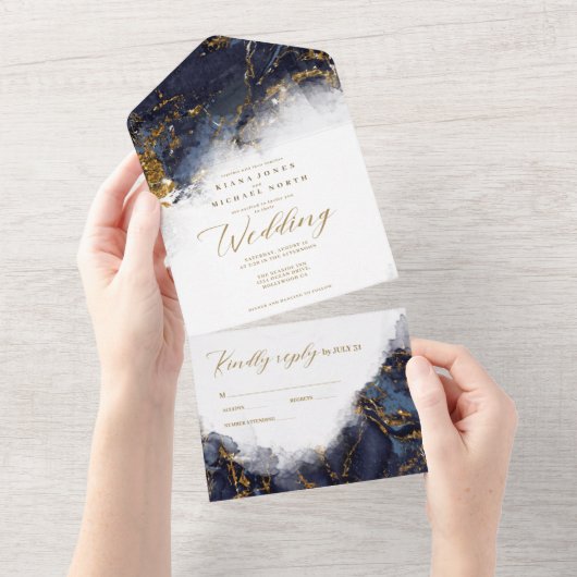 Invitation Tout En Un Parties scintillant en marbre Mariage Marine Blue  (Déchirure)