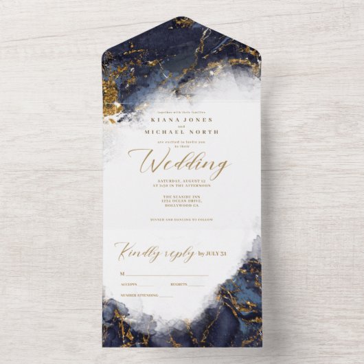 Invitation Tout En Un Parties scintillant en marbre Mariage Marine Blue (À l'intérieur)