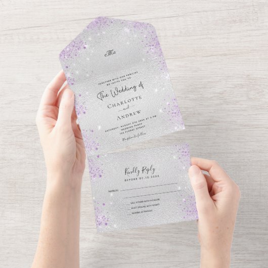 Invitation Tout En Un Parties scintillant en métal argenté violet élégan (Déchirure)