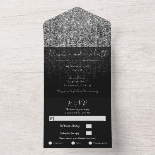 Invitation Tout En Un Parties scintillant Glam Argent Moderne Chic Maria (À l'intérieur)