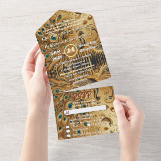Invitation Tout En Un Parties scintillant Gold Driving Elegant Peacock