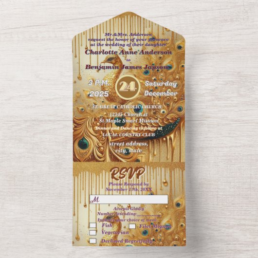 Invitation Tout En Un Parties scintillant Gold Driving Elegant Peacock (À l'intérieur)
