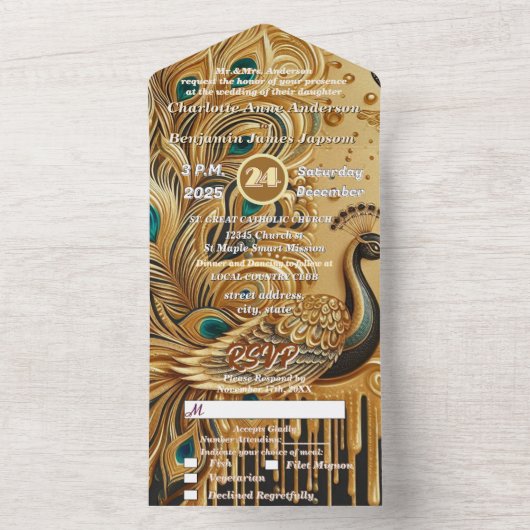 Invitation Tout En Un Parties scintillant Gold Driving Elegant Peacock (À l'intérieur)