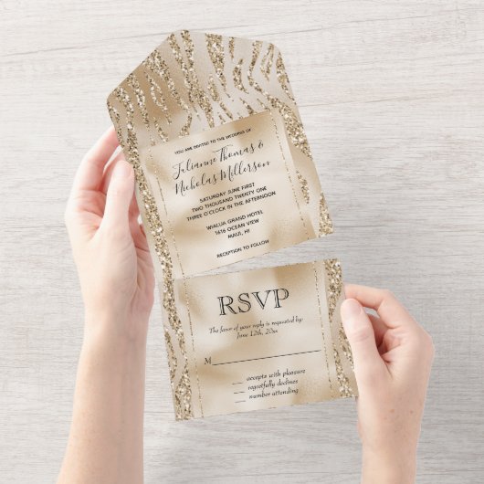 Invitation Tout En Un Parties scintillant Gold Luxe Zebra Print (Déchirure)