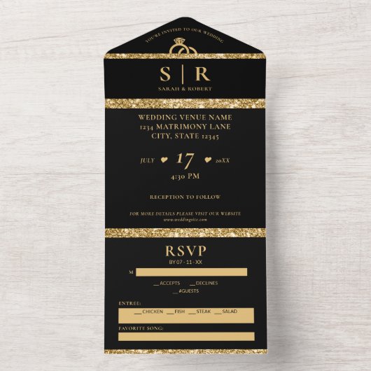 Invitation Tout En Un Parties scintillant Noir & Or Mariage élégant (À l'intérieur)
