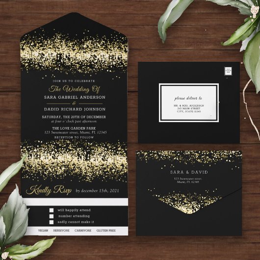 Invitation Tout En Un Parties scintillant noire moderne Mariage tout en 
