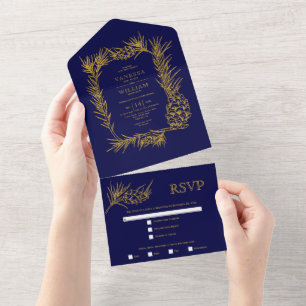 Invitation Tout En Un Parties scintillant or pin cadre marine bleu hiver