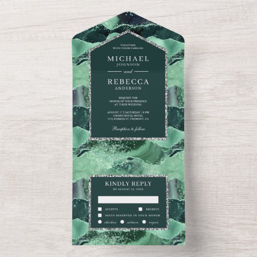 Invitation Tout En Un Parties scintillant vert mer et argent Agate Marbr (À l'intérieur)