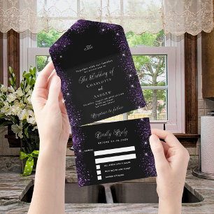 Invitation Tout En Un Parties scintillant violet noir élégant mariage