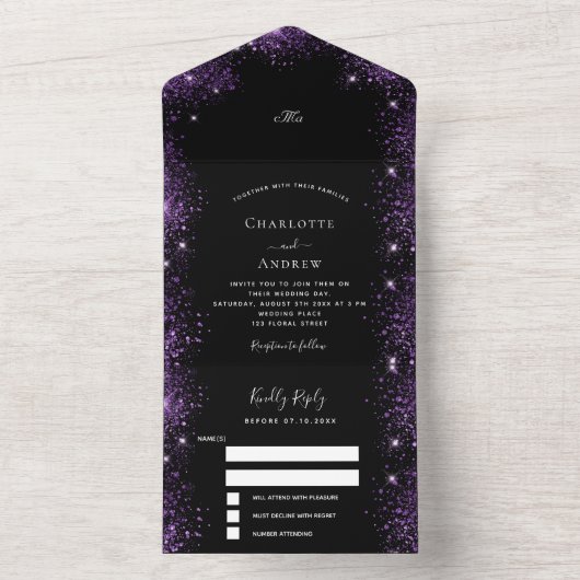 Invitation Tout En Un Parties scintillant violet noir scintille mariage  (À l'intérieur)