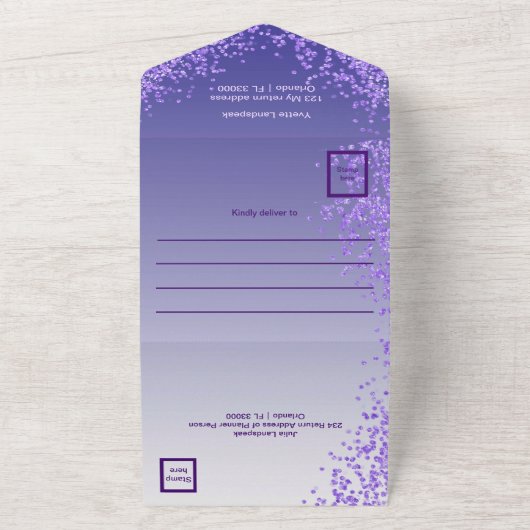 Invitation Tout En Un Parties scintillant violet Numéro de calligraphie  (Dehors)