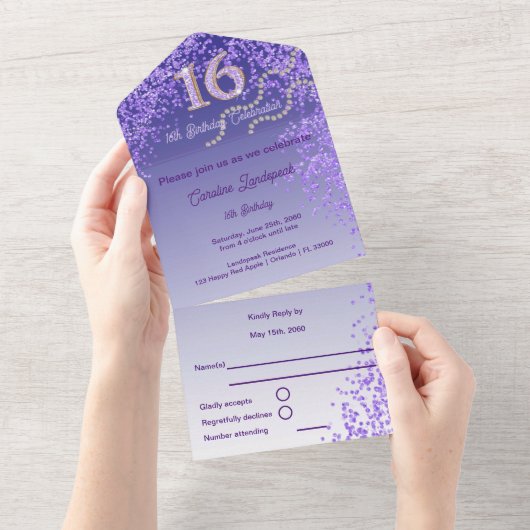 Invitation Tout En Un Parties scintillant violet Numéro de calligraphie  (Déchirure)