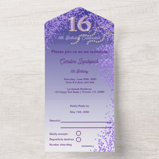 Invitation Tout En Un Parties scintillant violet Numéro de calligraphie  (À l'intérieur)