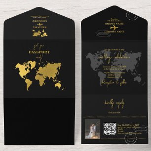 Invitation Tout En Un Passeport de mariage de destination Monde Noir Or