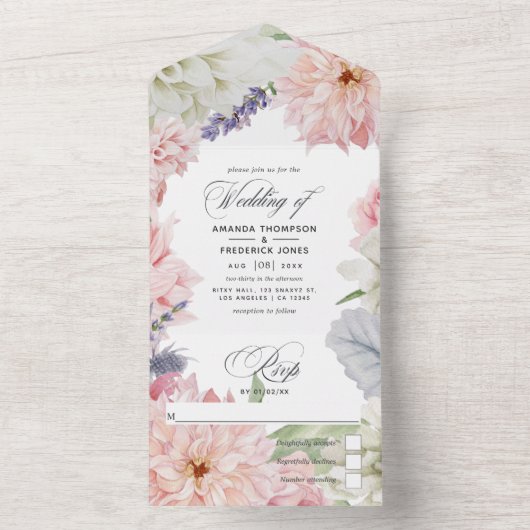 Invitation Tout En Un Pastel Blush Pink Dahlia Mariage Tout en un Invita (À l'intérieur)