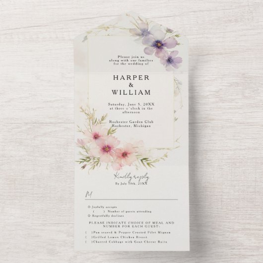 Invitation Tout En Un pastel cosmos fleurs rsvp mariage (À l'intérieur)