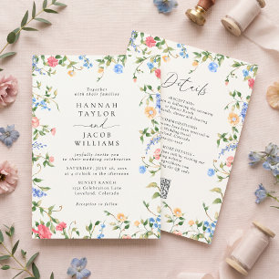 Invitation Tout en Un Pastel Doux Fleurs Sauvages Mariage Vin
