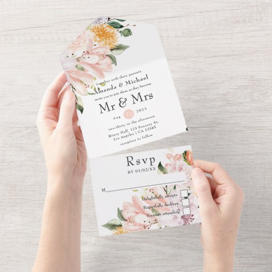 Invitation Tout En Un Pastel Floral Mariage (Déchirure)