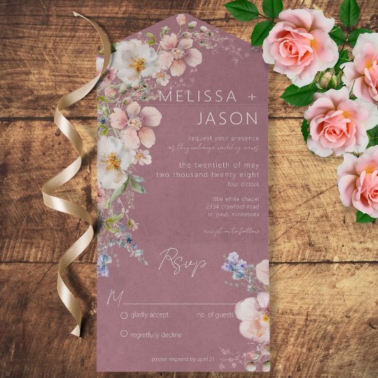 Invitation Tout En Un Pastel Floral Moderne Dusty Rose Pas de Dîner