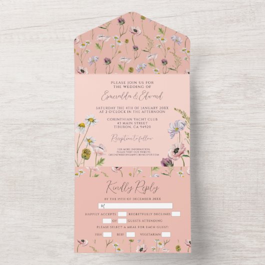 Invitation Tout En Un Pastel Pink Flower Boho Mariage botanique (À l'intérieur)