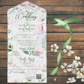 Invitation Tout En Un Pastel Rose & Vert Aquarelle Floral QR Code
