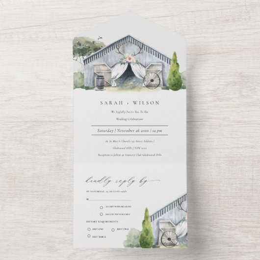 Invitation Tout En Un Pastel Rustic Dusky Barnyard Farm Mariage à thème (À l'intérieur)