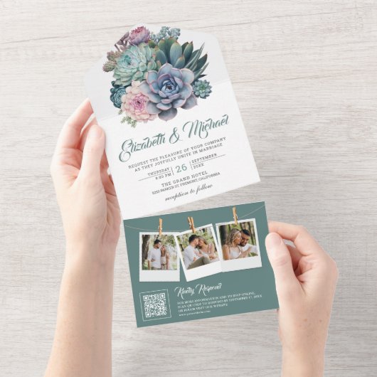 Invitation Tout En Un Pastel Succulent Ampersand QR Code Mariage (Déchirure)