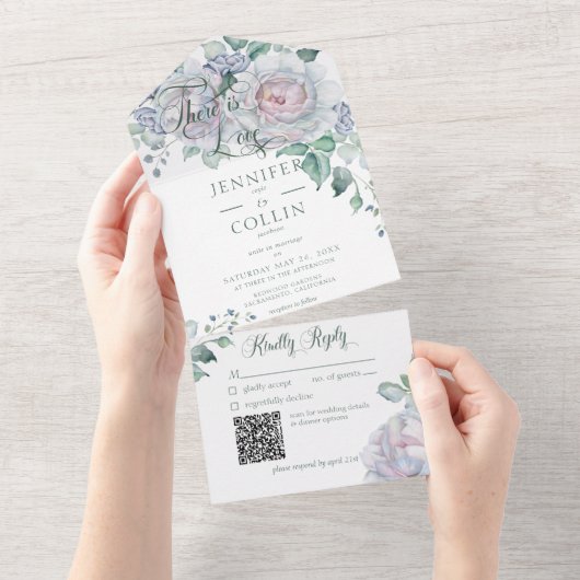 Invitation Tout En Un Pastels & White Peonies Floral Blanc QR Code (Déchirure)