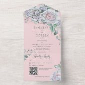 Invitation Tout En Un Pastels & White Peonies Floral Rose QR Code (À l'intérieur)