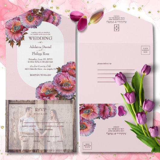 Invitation Tout En Un Pavot en fleurs | Élégant Mariage photo floral