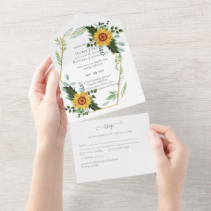 Invitation Tout En Un Pays Fleurs de soleil rustiques Vert Budget Mariag