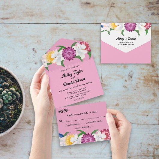 Invitation Tout En Un Pays rose vif Printemps moderne Mariage floral
