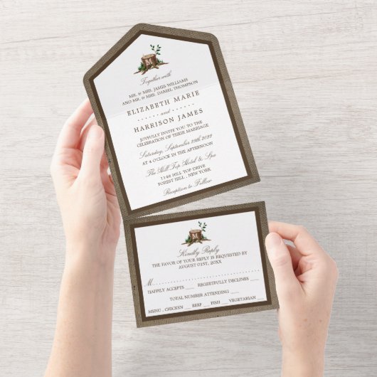 Invitation Tout En Un Pays Russe Monogramme Arbre et Mariage de Burlap (Déchirure)