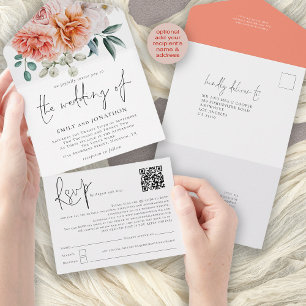 Invitation Tout En Un Peach Coral Peonies Florals QR Code Script Mariage