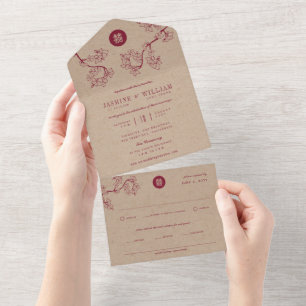 Invitation Tout En Un Peach Crimson Peach/Plum Blossoms Kraft Mariage ch